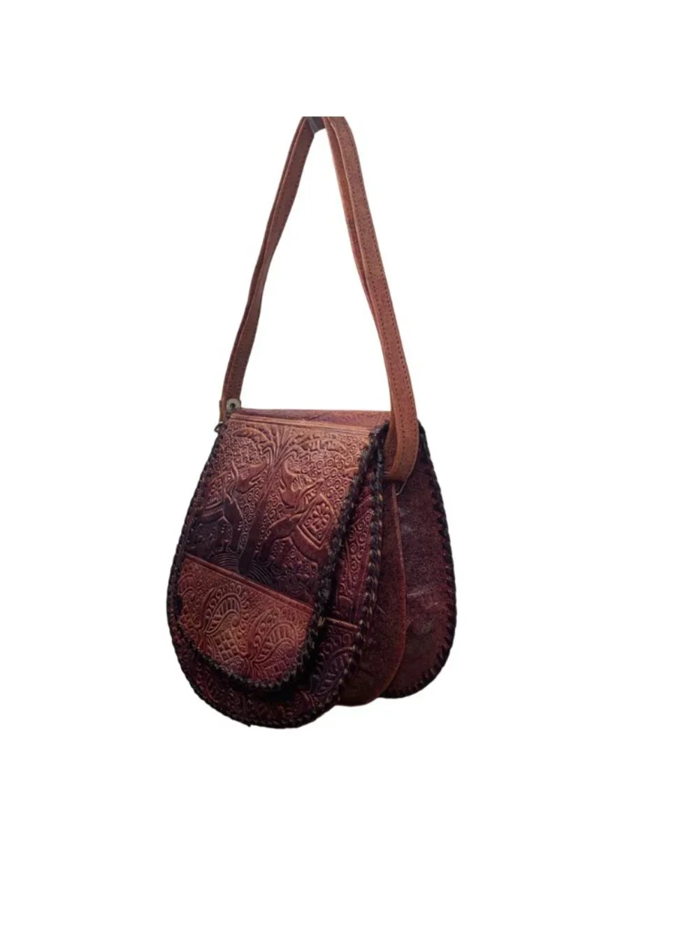 Women’s Brown Elephant & Tree Embossed Leather Shoulder Saddle Bag